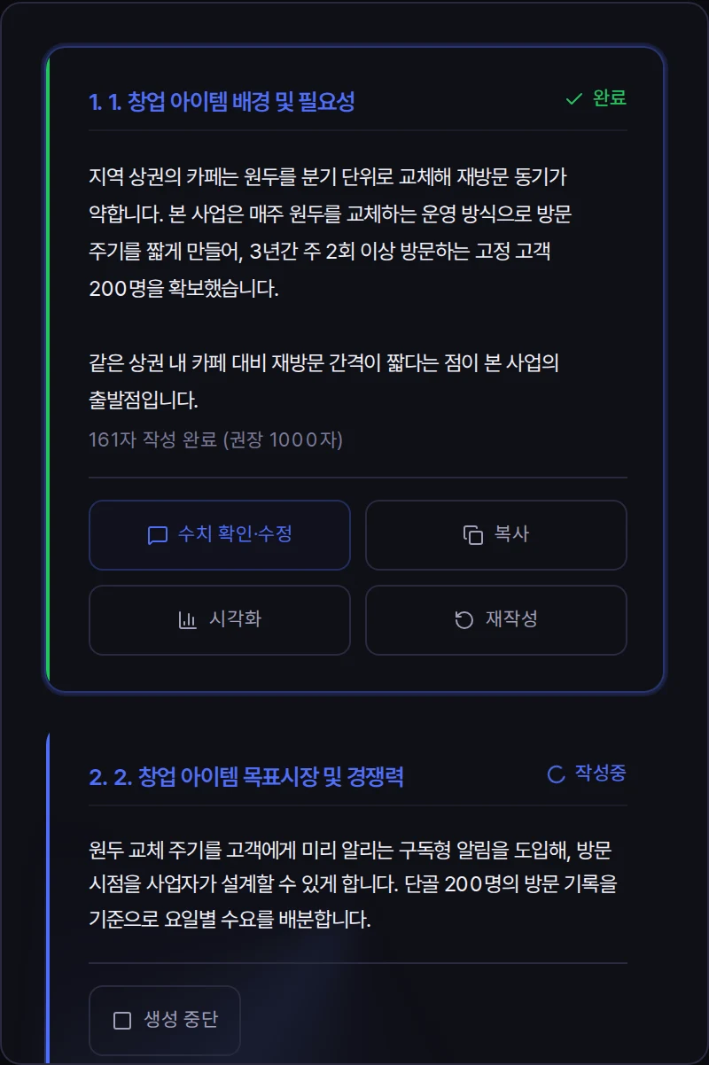 서류 편집기 화면 — 창업 아이템 배경, 목표시장 등 항목별로 초안이 작성된 예시